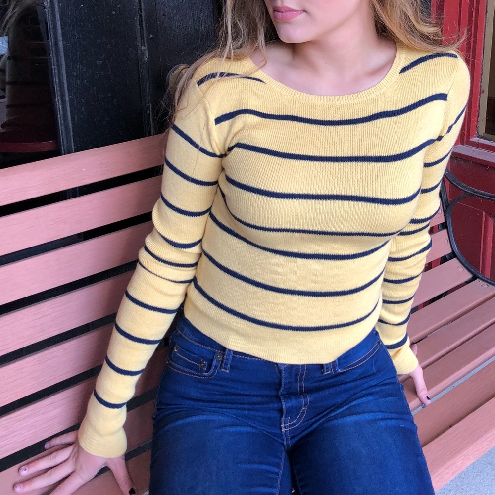 ๐ Yellow and Navy Striped Sweater ๐ - Picture 3 of 4